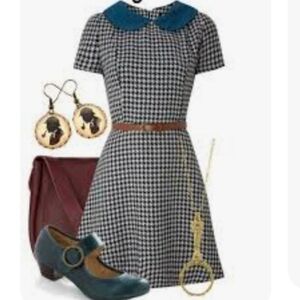 Vintage Wool Blend 50s 60s Houndstooth Nancy Drew Librarian Rockabilly Dress 14